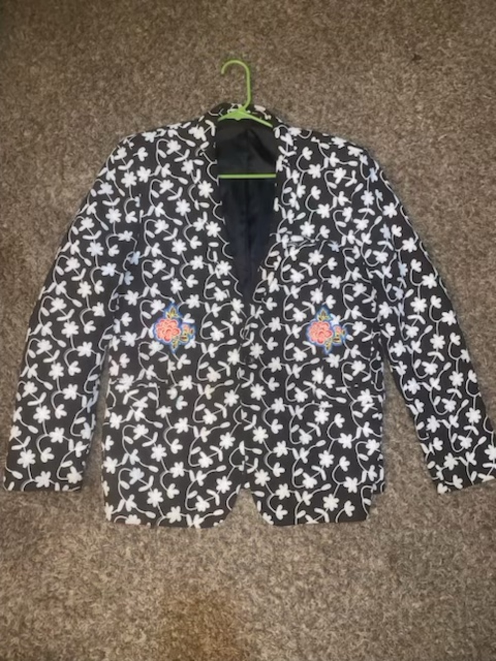 ASOS Black Blazer with White Floral Print and Colorful Embroidered Pockets